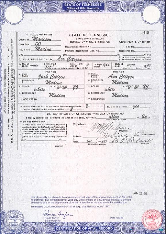 Download USA Tennessee state birth certificate template in PSD format Photoshop template